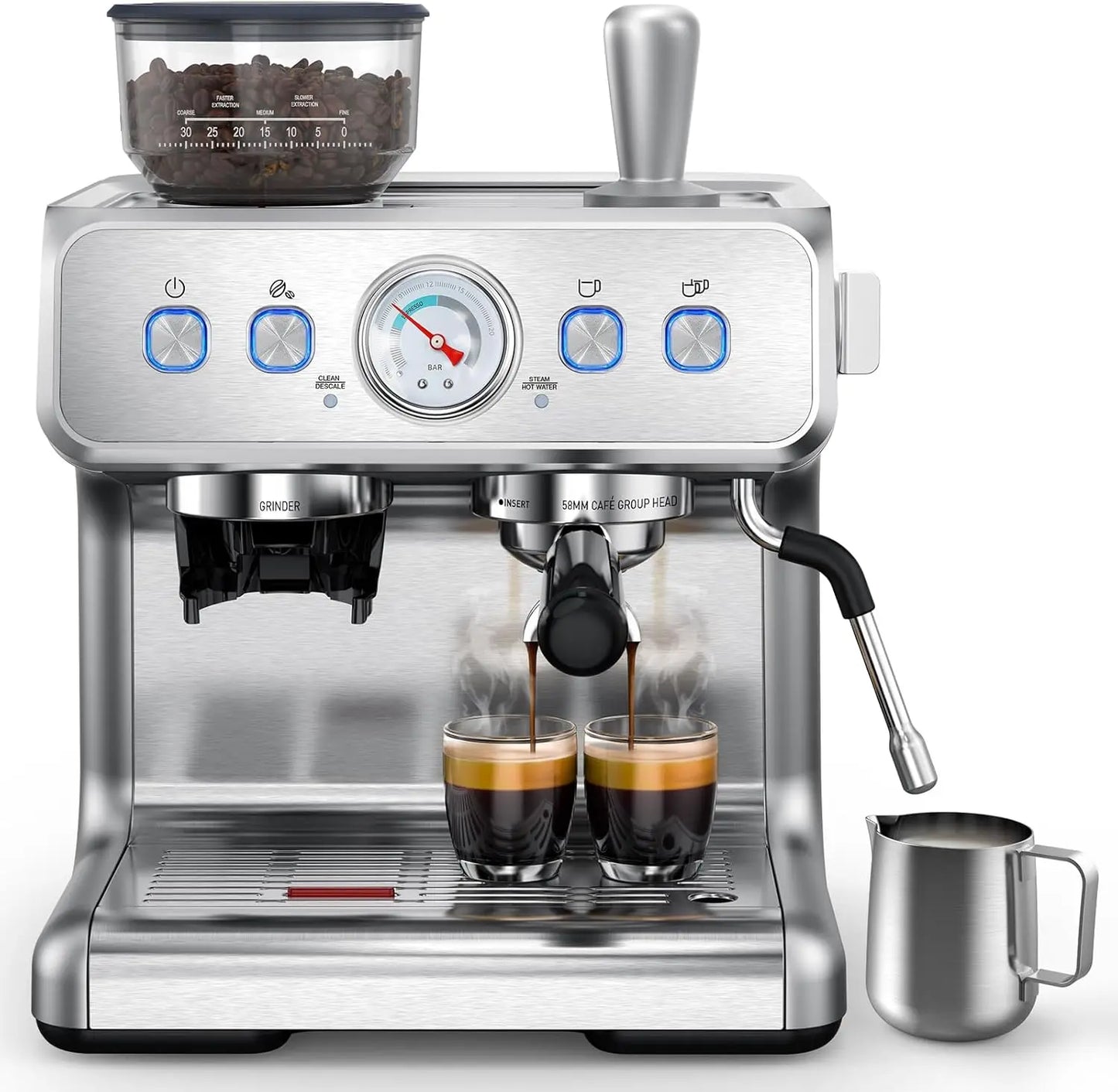 Machine 15 Bar, Semi-Automatic Espresso Maker with Bean Grinder and Milk Steam Wand, 75 Oz Removable Water Tank