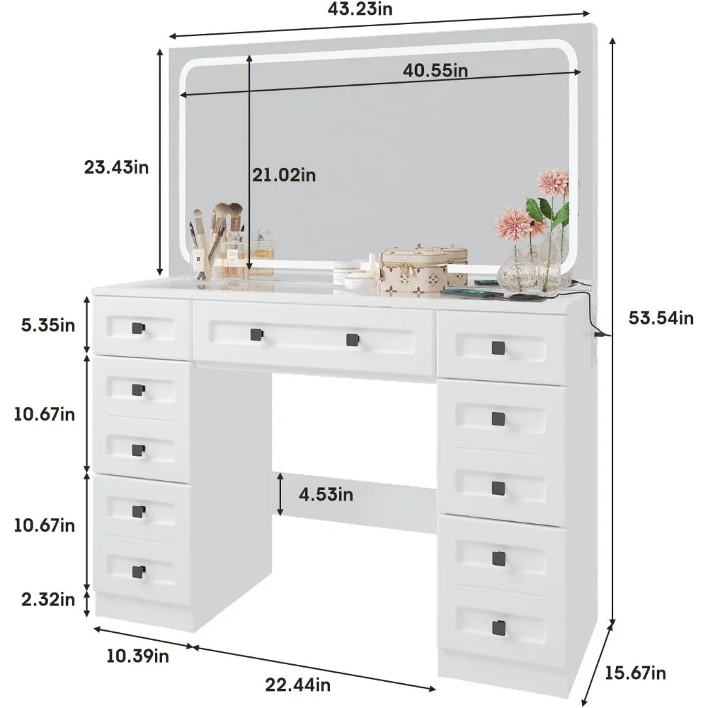 Vanity Desk with Large Led Mirror and Power Outlet, Makeup Vanity with Glass Top & 7 Drawers, 3 Lighting Modes Vanity Table