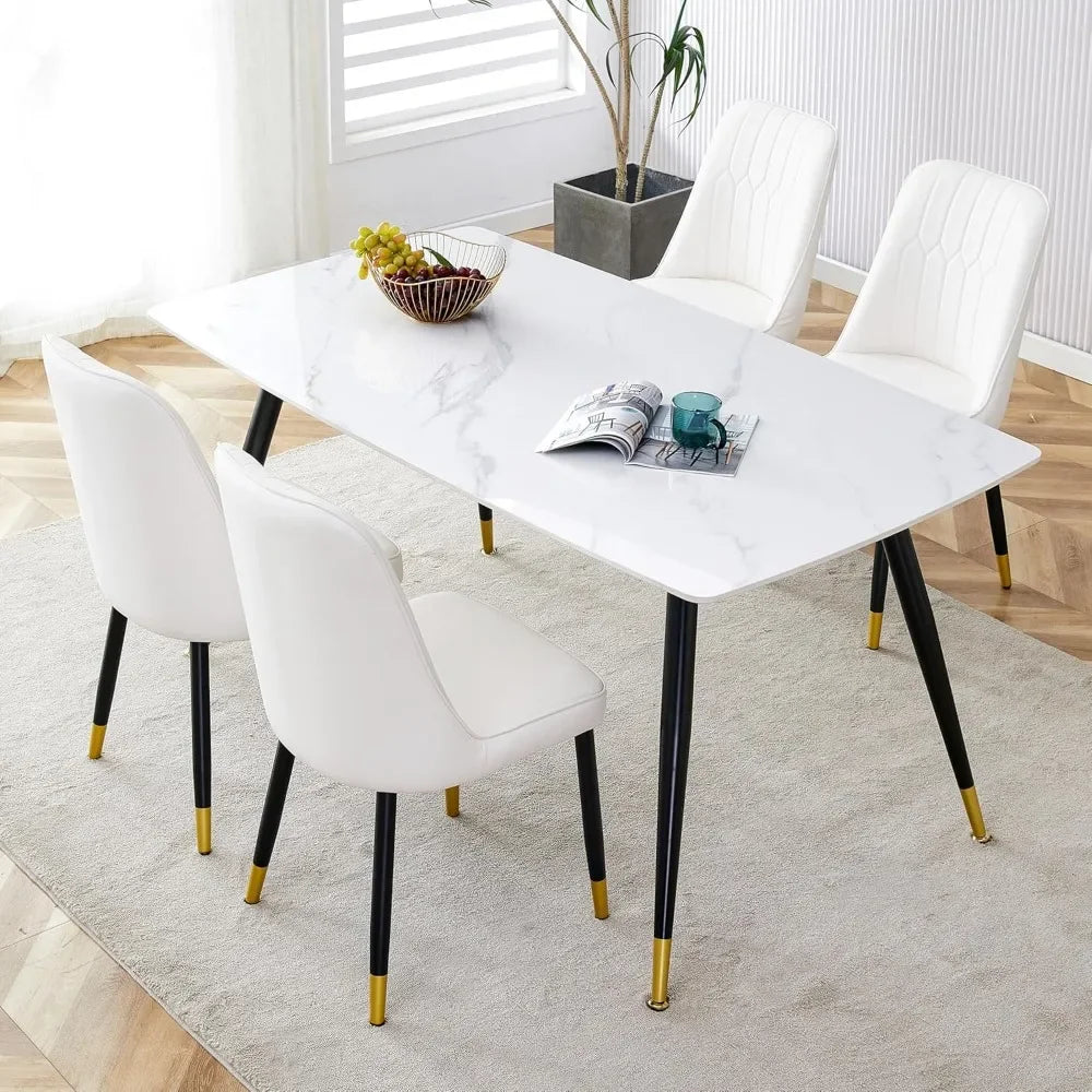 White Marble Dining Room,62" Rectangle Modern Dinner Table with Sintered Stone Top and Metal Legs Kitchen Table Chair Set