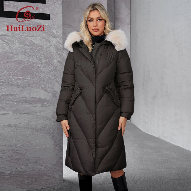 HaiLuoZi 2024 Women's Winter Plus Size Long Parka Coat Warm Women's Jacket Slash Pocket Fashion Hooded Women's Jacket 1316