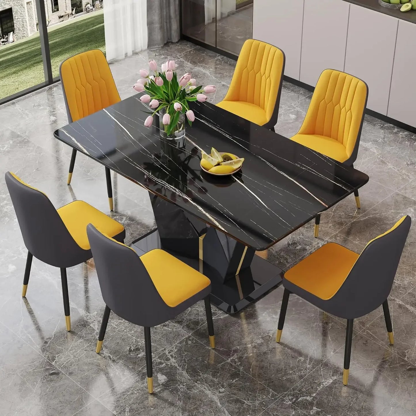 Black Dining Room Table Set for 6, Modern Marble Dining Table with 6 Metal Leg Chairs Kitchen Table Chair Set for Dining Room