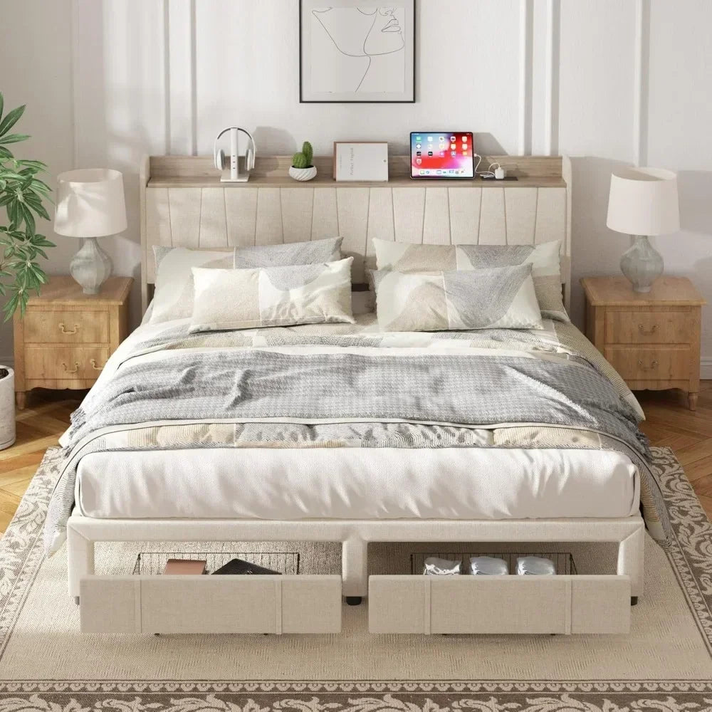 Bed Frame,Upholstered Platform Bed with Storage Drawers No Box Spring Needed Headboard and Charging Station bedstead