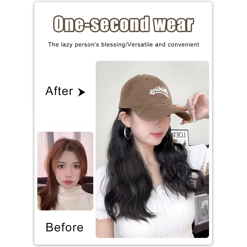 ALXNAN HAIR Synthetic Hat Wig Women's Long Hair Full Head Set Fashion Autumn/Winter Lamb Hair Baseball Hat WavyHair Wig Hat