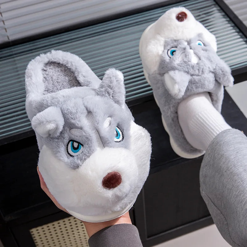 Women Indoor Cotton Slippers Cute Cartoon Dog Winter Warm Shoes Couples Home Floor Slides Anti-slip  Female Male House Footwear