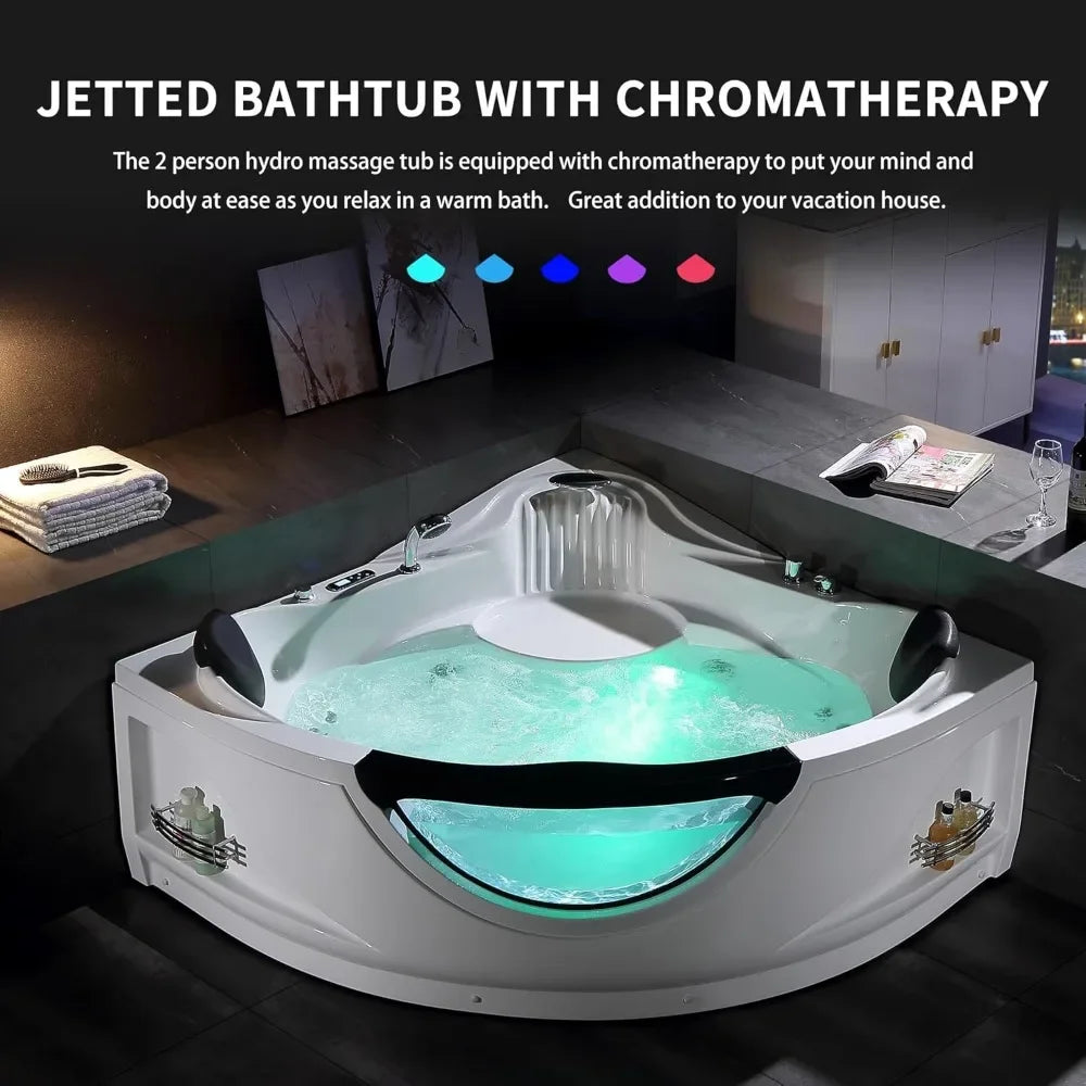 Whirlpool Bathtub with Heater,59 in 2 Person Jetted Tub with Light,Spa Hydromassage with Chromatherapy,Acrylic