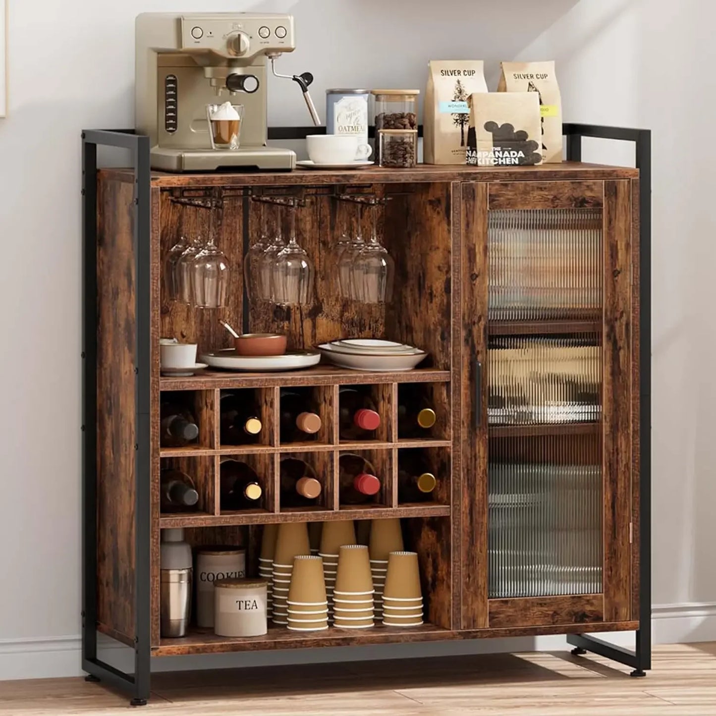 Wine Bar Cabinet with Led Lights & Removable Wine Racks with 3 Rows Glass Holder and Acrylic Door, Multifunctional Bar Cabinet