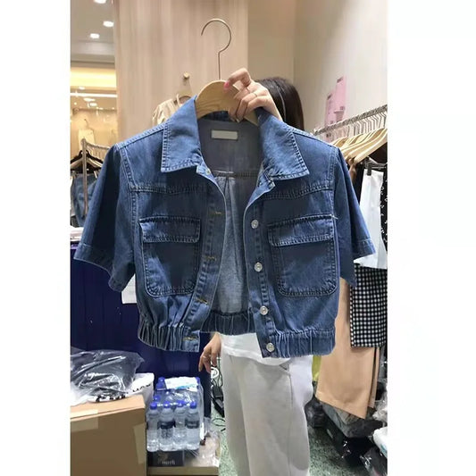 Jaqueta Jeans Feminina Short Sleeve Denim Coat Lapel Double Pocket Chaqueta Mujer Y2k Shirt Crop Jean Jacket Vintage New