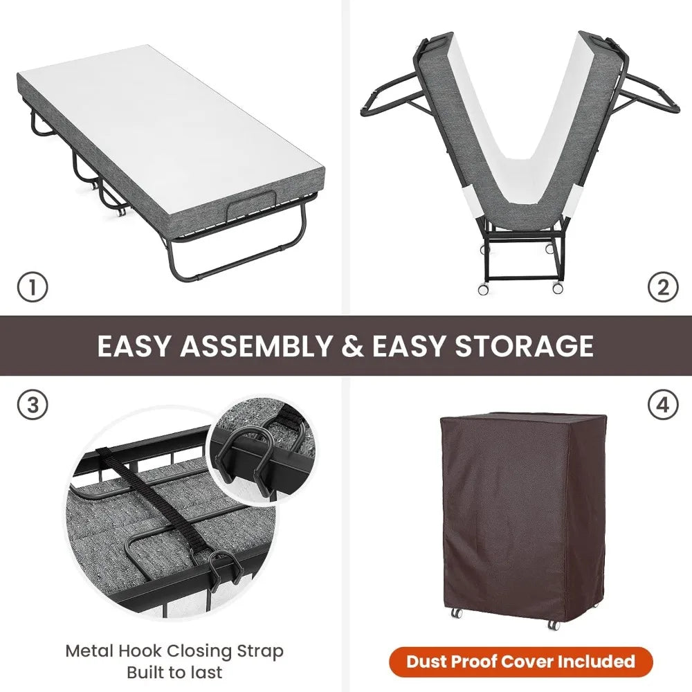 Folding bed with mattress, including storage cover, folding bed with memory sponge mattress, and metal frame with wheels