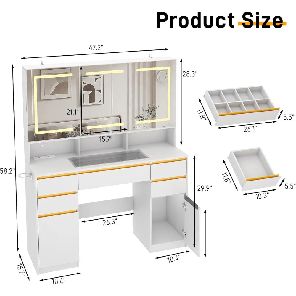 Vanities w/Mirror&Outlet,Temper Glass Top,LED Lighted White Makeup Vanities w/Sliding Wall-Mounted Jewelries Makeup Vanity Desk