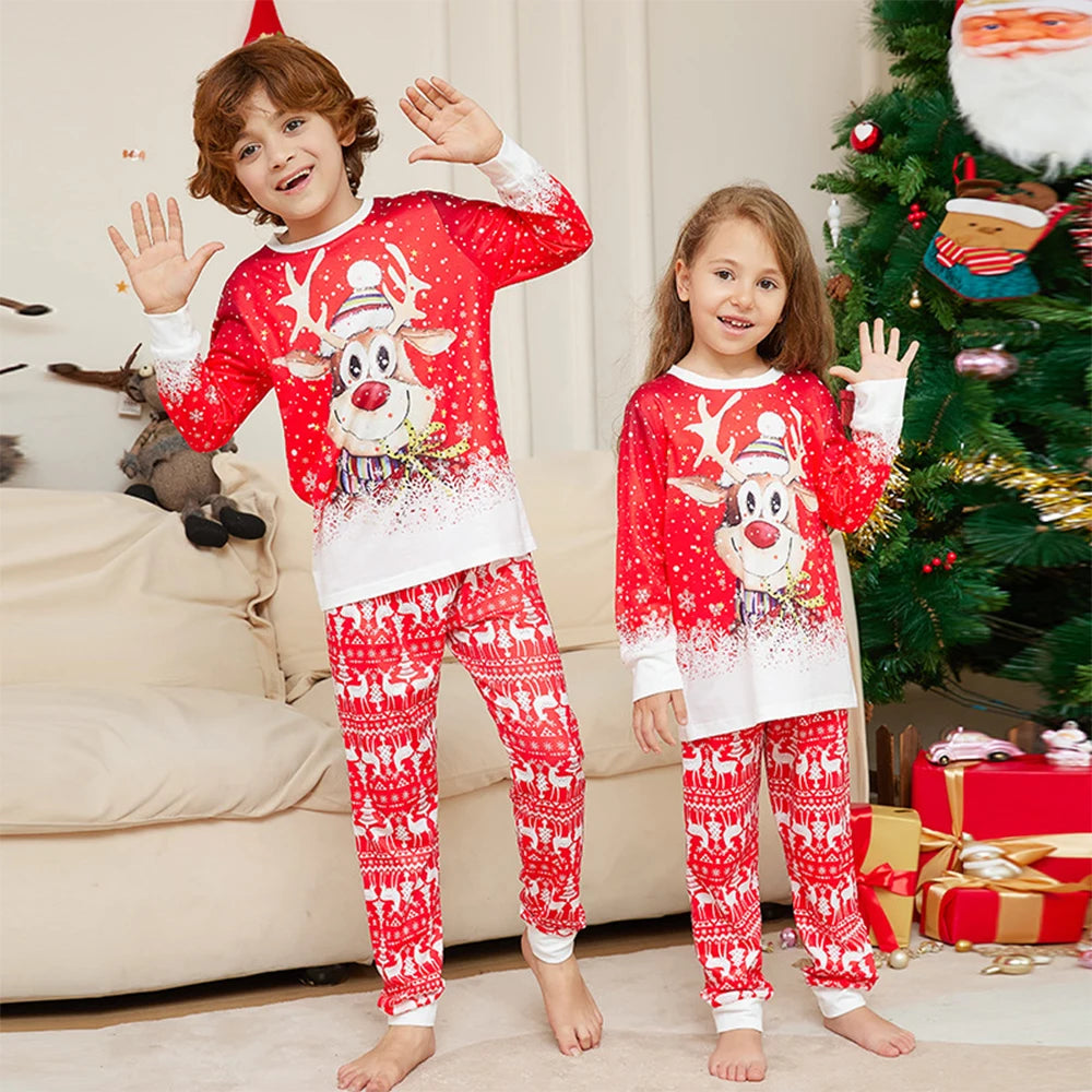 Christmas Family Matching Pajamas Set Father Mother Kids Red Cartoon Elk Print Sleepwear Adult Boys Girls Homewear Baby Rompers