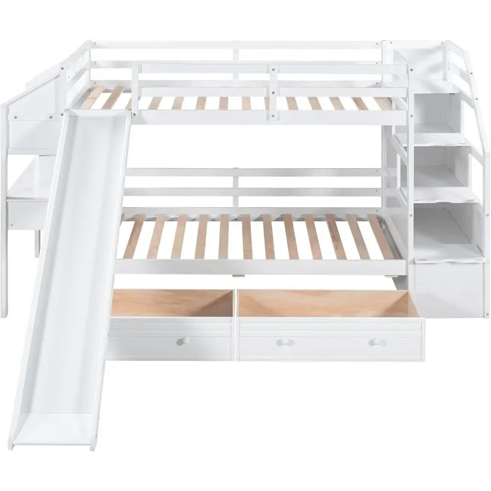 Twin Over Twin Bunk Bed with Stairs, Slide, Desk, Solid Wood Bunk Bed with Storage Drawers and Shelves for Kids Bunk Bed