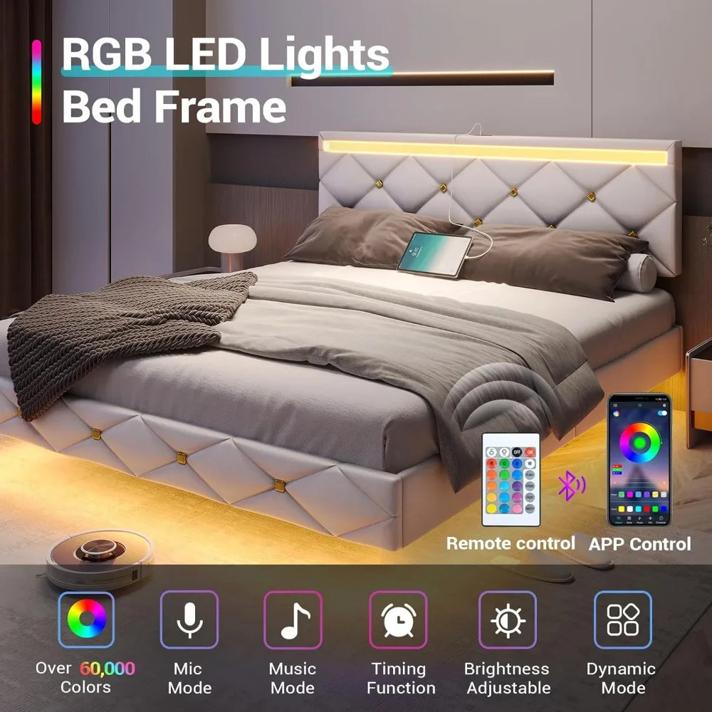 Floating Bed Frame with LED Lights and USB Ports Modern LED Bed Frame with Headboard Faux Leather Low Profile Platform Bed Frame