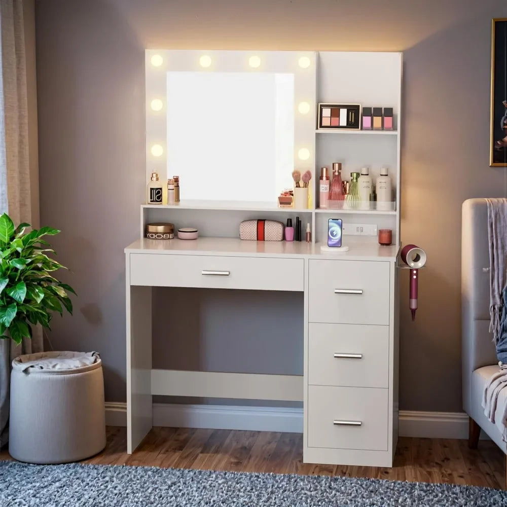 Vanity Desk with LED Lighted Mirror&Power Outlet, 39.3’’ Makeup Vanity Table with 4 Drawers and 3 Storage Shelves, Adjustable