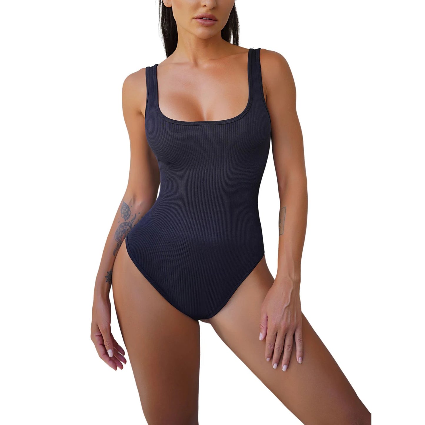 Damen Yoga-Bodysuit mit ärmellosem Schnitt, einfarbig, U-Ausschnitt, nahtlos, schmaler Strampler, lässige Oberteile, Sport-Fitness-Overalls