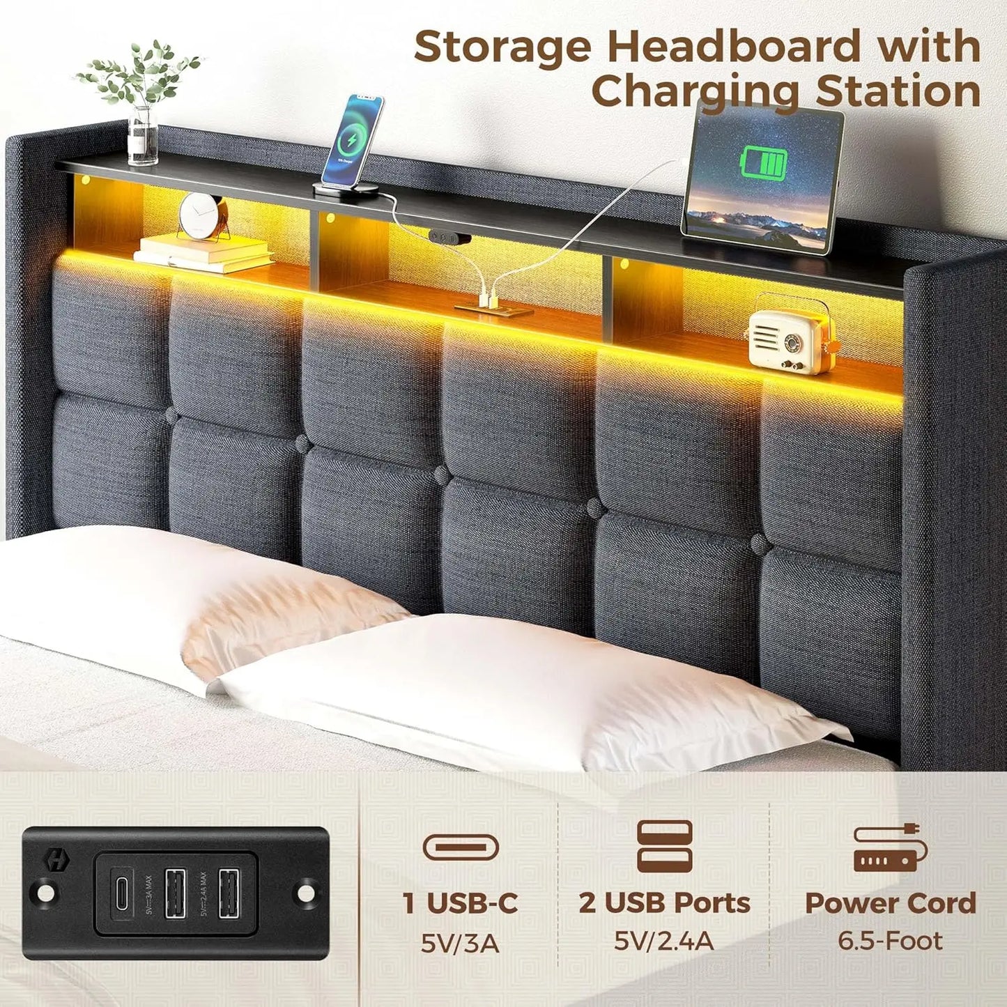 Bed Frame Twin Size with Lift Up Storage, Charging Station & LED Lights, Upholstered Storage Headboard, Heavy Duty Woo