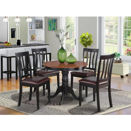 Antique 5 Piece Dining Set for 4 Includes a Round Kitchen Table with Pedestal and 4 Faux Leather Upholstered Dinette Chairs