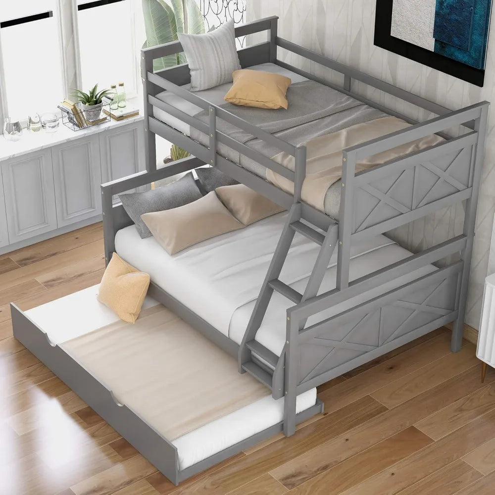 Bunk Bed, Twin Over Full Wood Bunks Beds with Twin Size Trundle,  with Guardrail and Ladder, Solid Wood Bunk Bed Frame