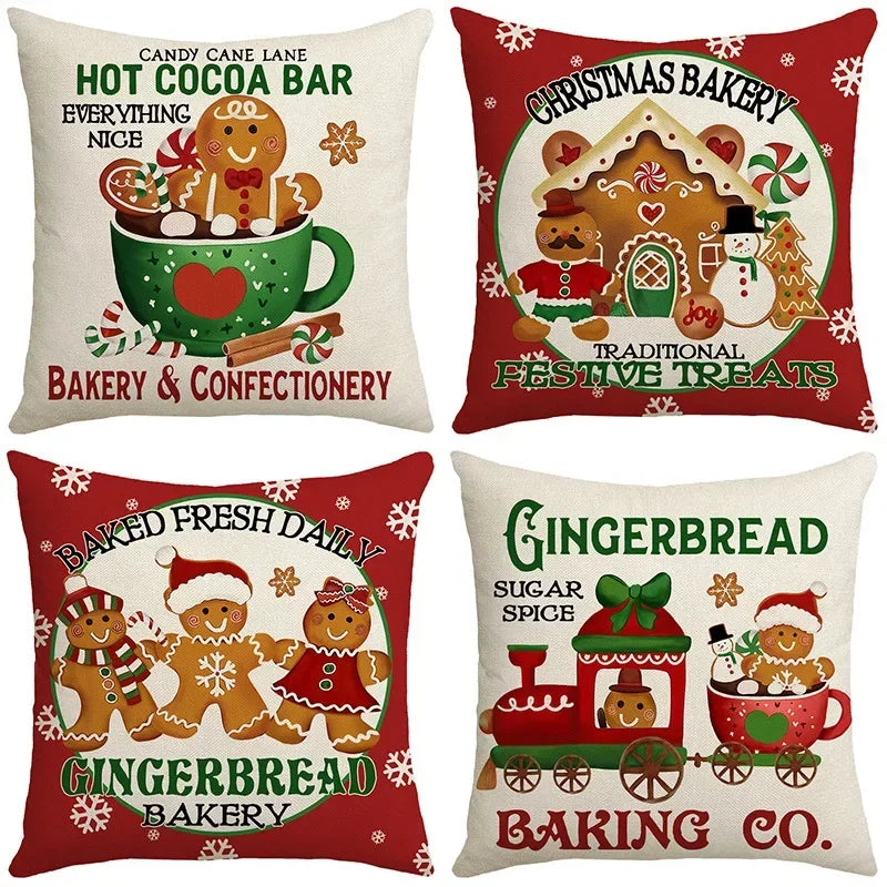 4PCS Cute Gingerbread Man Christmas Cushion Cover 45x45cm Linen Winter Christmas Decorations Pillow Covers For Chair Bed Sofa