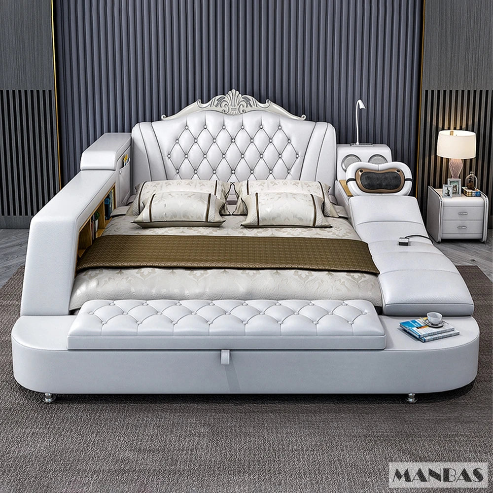 MANBAS Ultimate Bed Frame Tech Smart Multifunctional Bed with Genuine Leather, Massage, USB, Bluetooth Speaker, Tatami & Safe