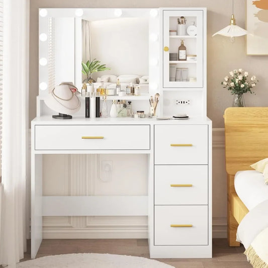 White Vanity with Mirror and Lights, Makeup Vanity Desk with 4 Drawers,Glass Door Storage Cabinet,Charger Station,3 Color Modes