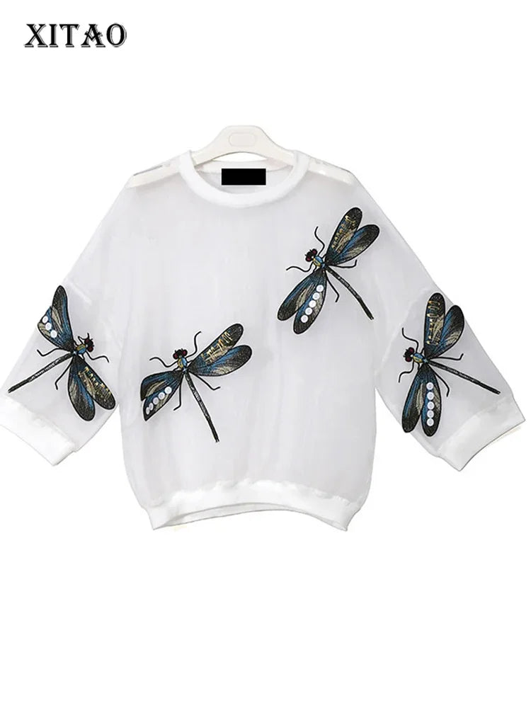 Dragonfly Delight Tee: Black and White Mesh T-Shirt, Sheer Elegance.