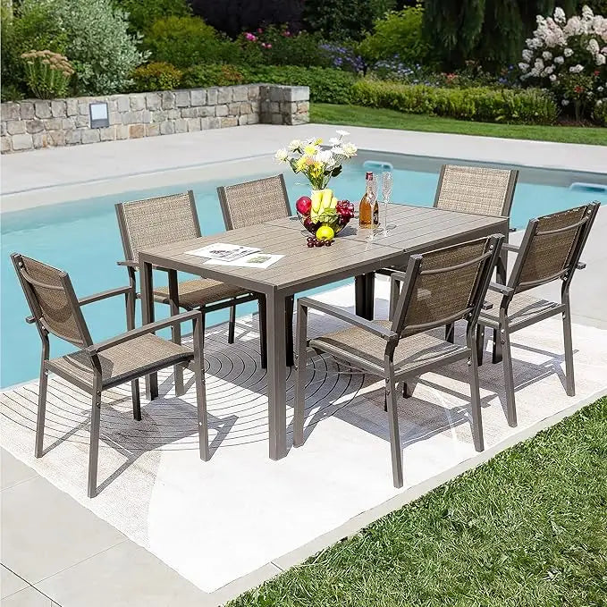 Patio Furniture Set for 7 Piece,with Weather Resistant Table 6 Stackable Textilene Chairs and Large Table, Outside Furniture Set