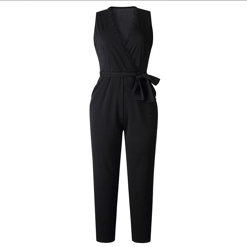 Fashion Lace Women Jumpsuit With Belt Sleeveless 2022 Summer New Casual V-neck Solid Women Black Jumpsuits Fashion Female Pants