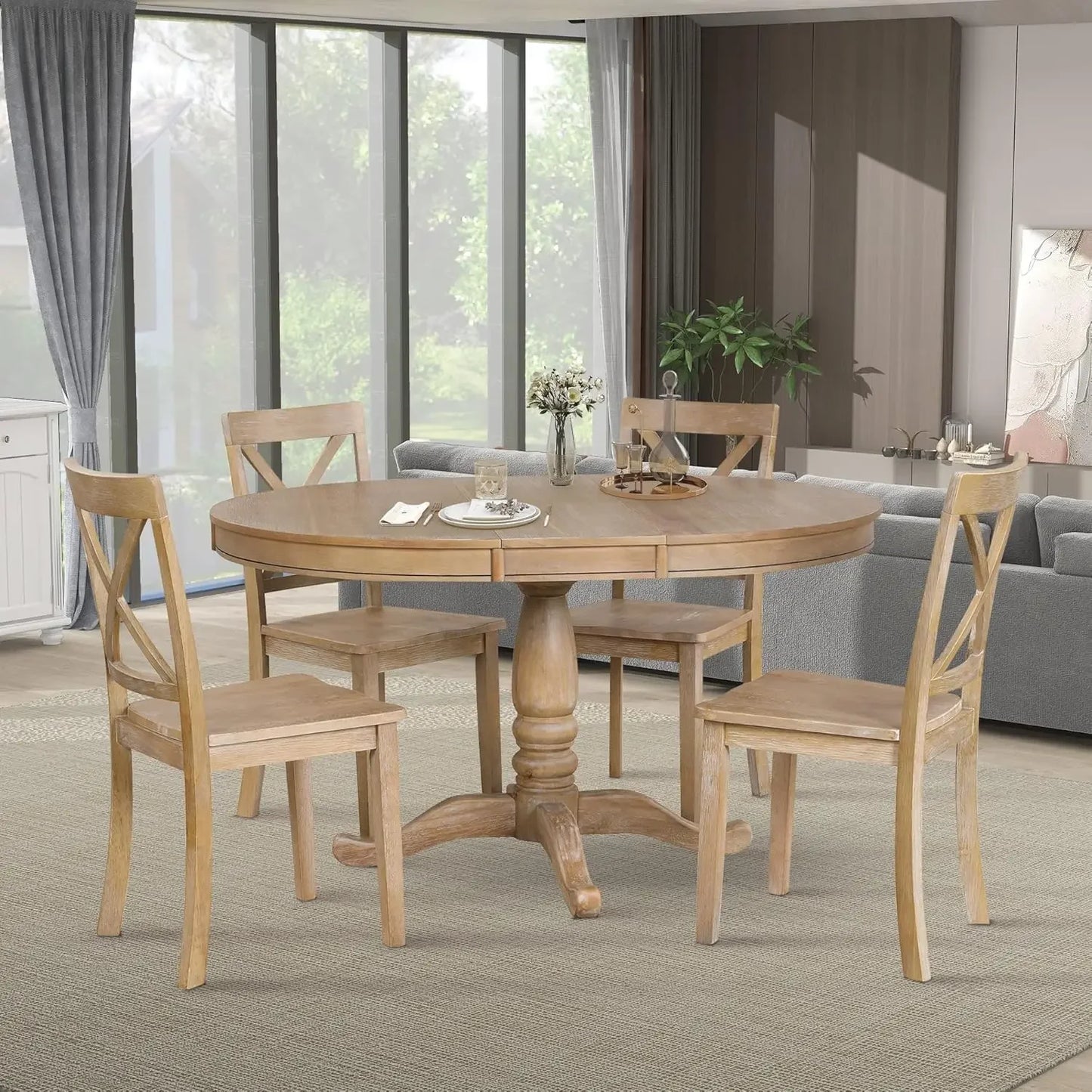 5-Piece Farmhouse Dining Table Set Wood Round Extendable Dining Table and 4 Upholstered Dining Chairs Suitable for living room