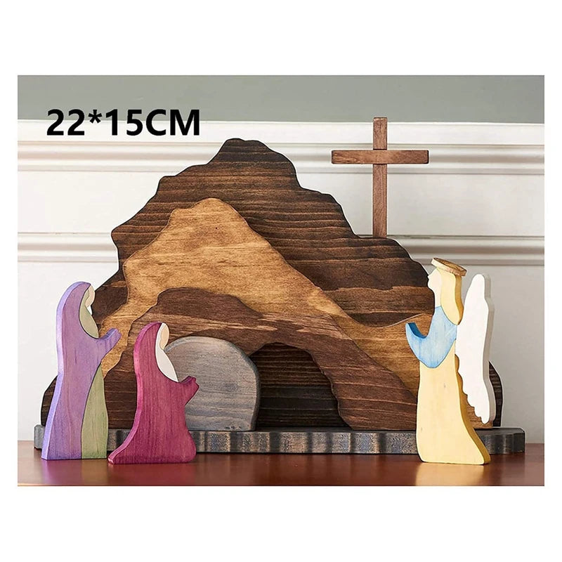 1 PCS Halloween Day Decorations Religious Resurrection Scene Wooden Nativity Set Wooden Manger Creche Nativity Scene Wooden