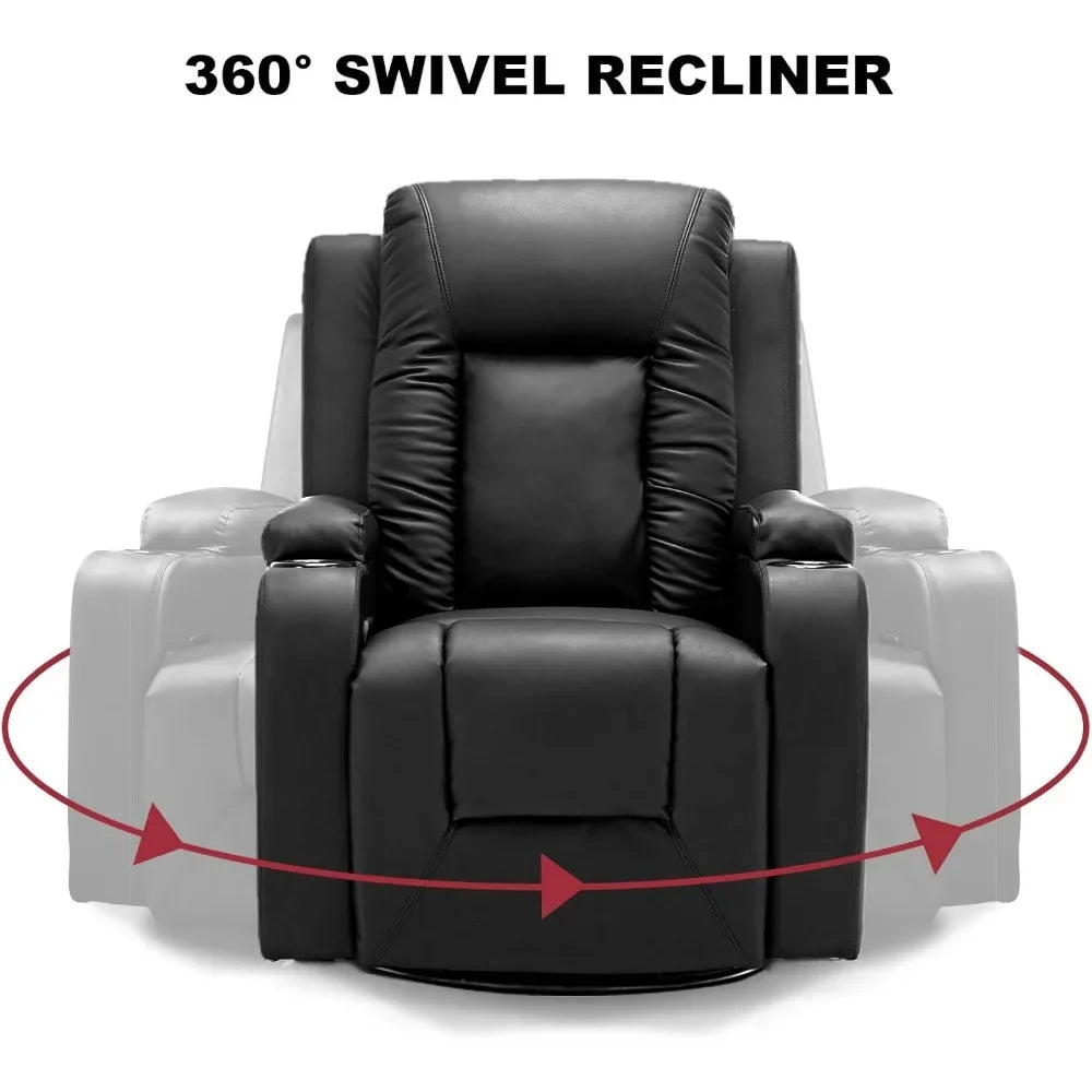 Recliner Chair,PU Rocking Chair for Adults, Swivel Recliner with Cup Holders,for Living Room, Bedroom (Black),Living Room Chairs