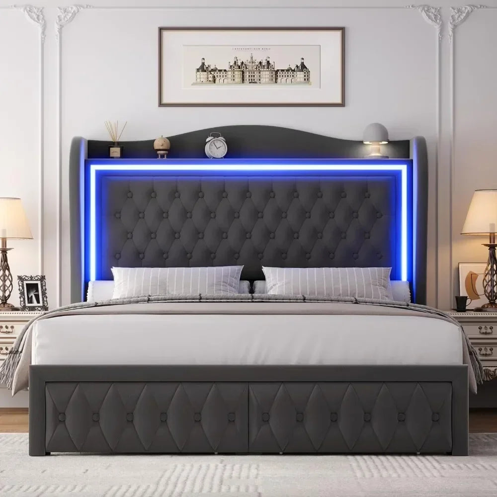 55 in Bed Frame, High Headboard LED Lights,Velvet Upholstery,2Storage Drawers, No Mattress Spring Required, Platform Bed Frame