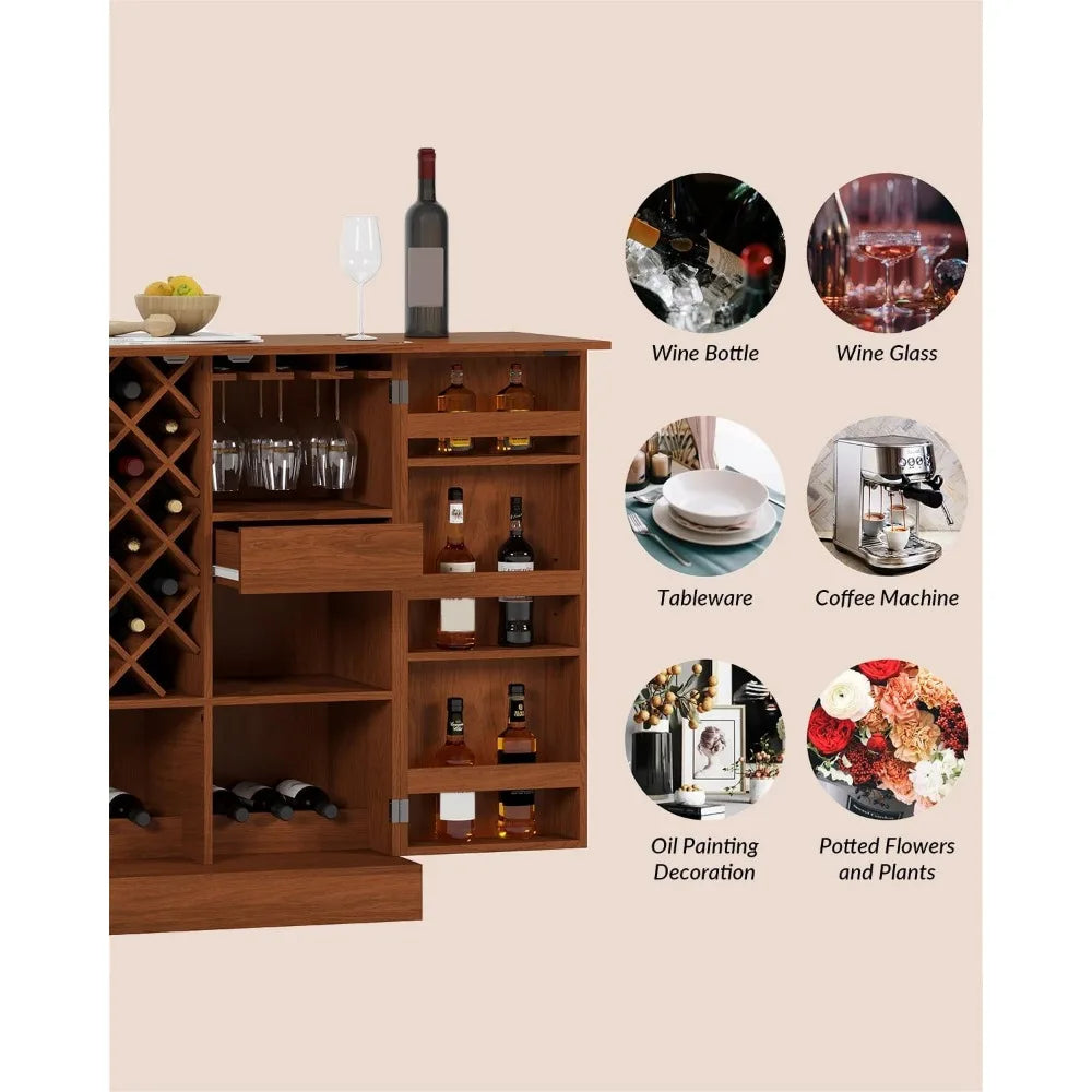 Home Coffee Bar Cabinet Rustic Foldable Sideboard Buffet Storage Cabinet with Wine Bottle Holder & Wine Glass Holder,