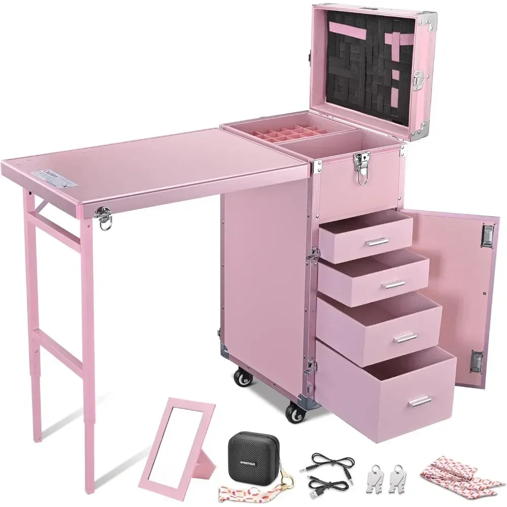 Rolling Manicure Table Foldable Nail Table Makeup Train Case with Desk Cosmetic Trolley Travel Storage Organizer with Speaker