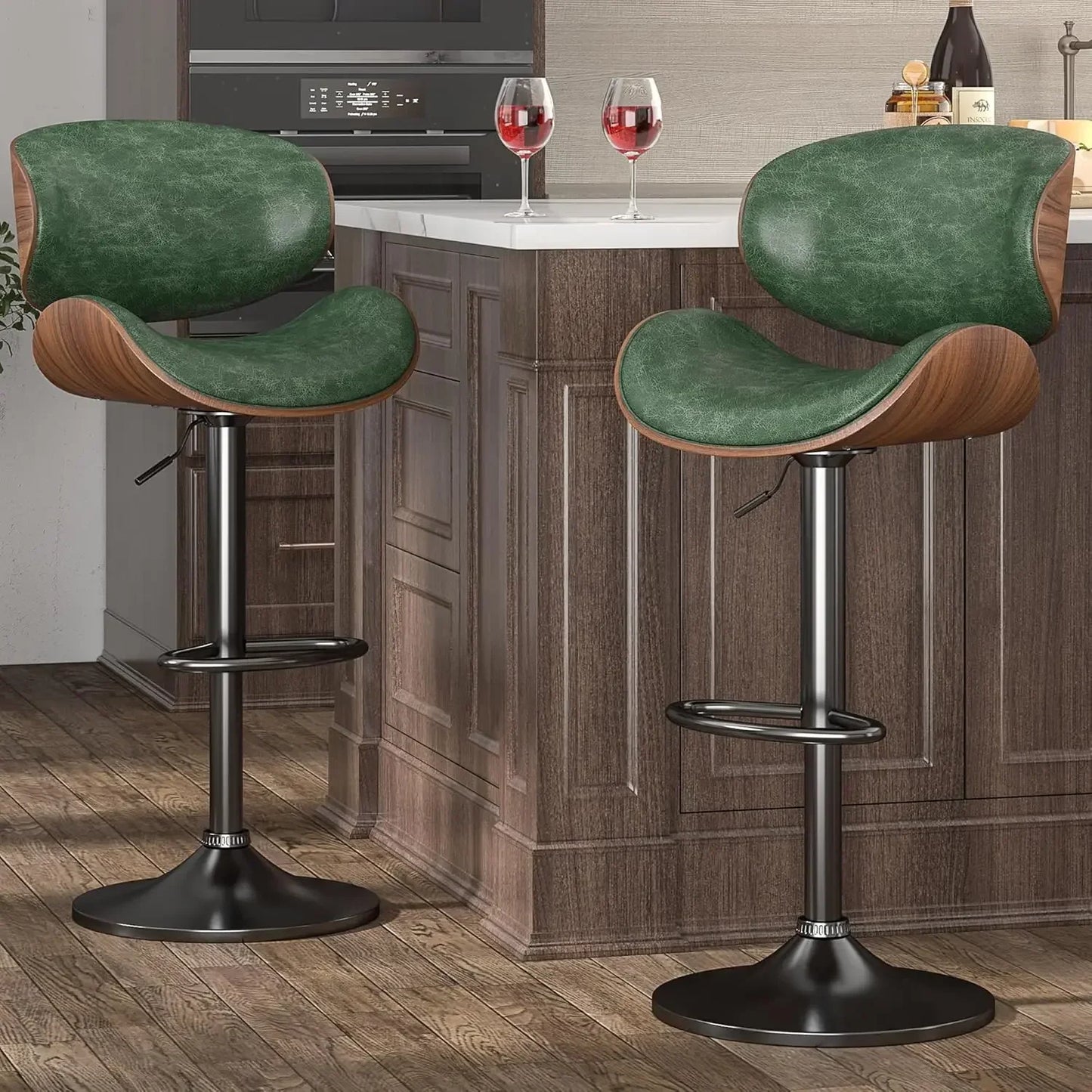 Swivel Bar Stools Set of 2, Adjustable Bentwood Barstools, Modern PU Leather Upholstered Bar Chair with Back and Footrest