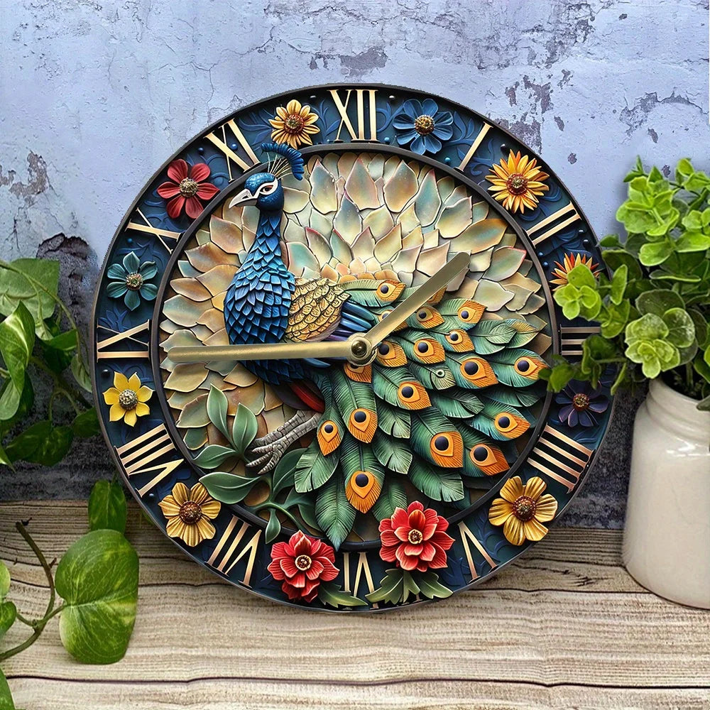 Peacock Wall Clock DIY Kit, Silent Movement, Decorative 2D High-Definition Print, Floral Peacock Design for Bedroom & Home Decor