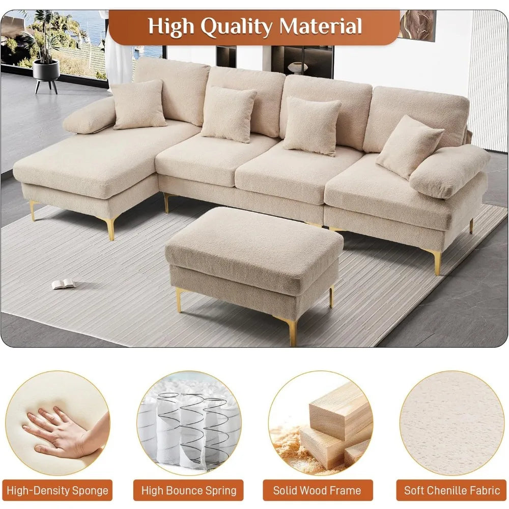 U-Shaped Sectional Sofa, 4 Seater Sofa Set , with Chaise Lounge, Ottoman and Pillows, Convertible L-Shaped Chenille Couch Sets