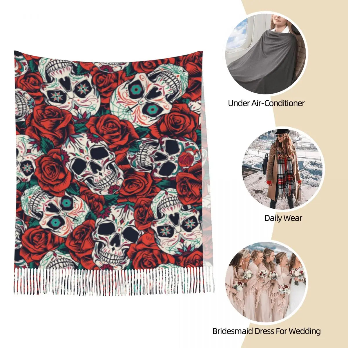 Vintage Floral Skull Scarf for Women Fall Winter Cashmere Shawls and Wrap Roses Long Large Shawl Scarf Daily Wear