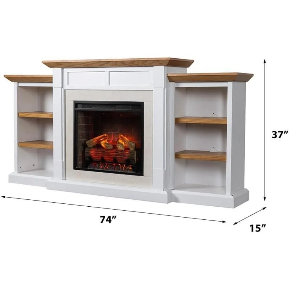 74 Inch Bookcase, Mantel Package | 23 Inch Smart Electric Fireplace Insert Heater W/Remote | Warm Walnut Shelving