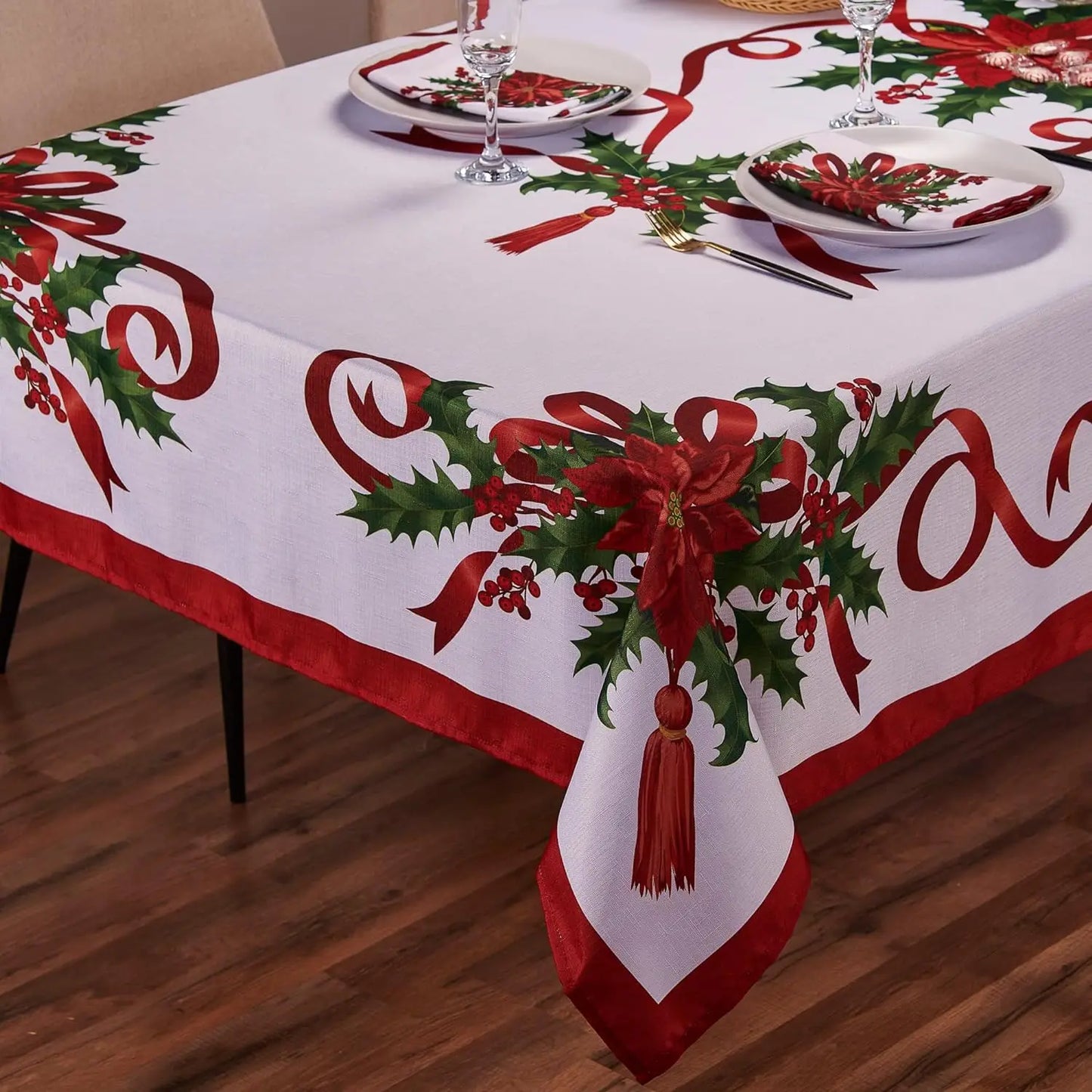 Christmas Ribbon Tablecloth Merry Xmas Table Cloth Harvest Holiday Fall Wedding Party Table Dinning Tablecover Home Decoration