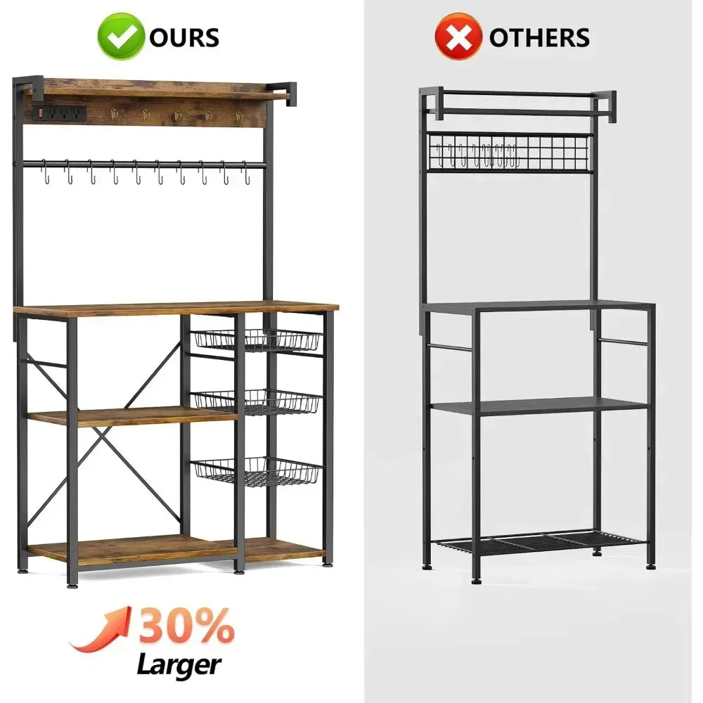 Large Bakers Rack with Power Outlets 38.8 Inches, 15 Hooks Coffee Bar with 3 Wire Basket Microwave Stand Kitchen Storage Shelf