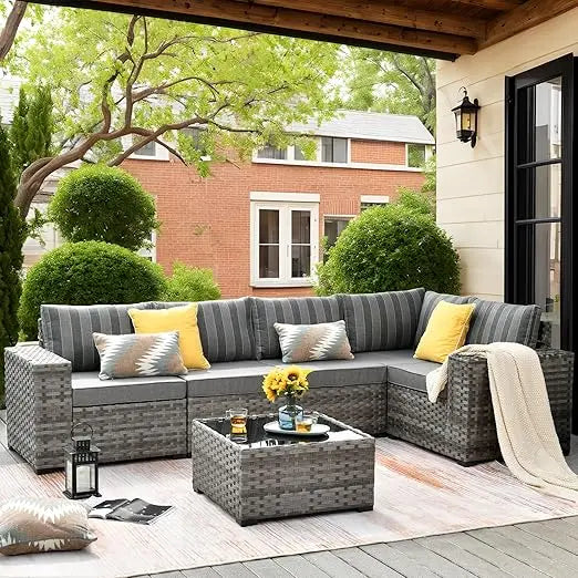 Patio Furniture Set , Couch with Comfy Cushions and Deep Seat,  Wicker Rattan Conversation Set, 6 Pieces Outdoor Sectional Sofa