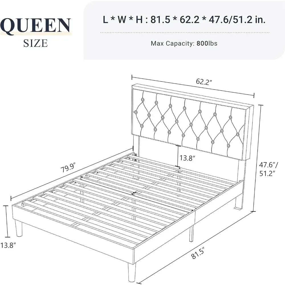 Fabric Upholstered Bed Frame With Adjustable Headboard Bases and Bed Frames Wooden Slat Support Bedroom Furniture Queen Base Set