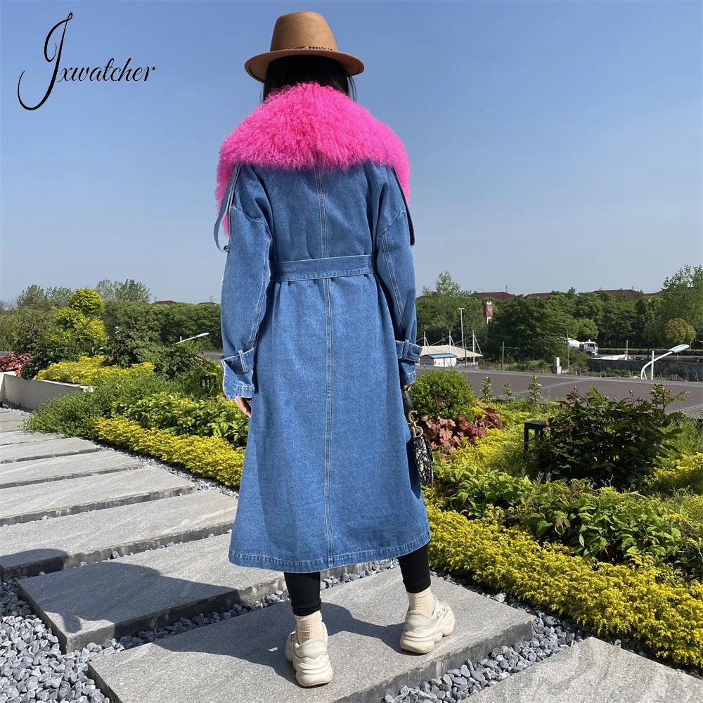 Jxwatcher Denim Coat 2024 New Coming Denim Windbreak With Mongolian Fur Collar Women's Spring Jacket Ladies Trench Coats Autumn