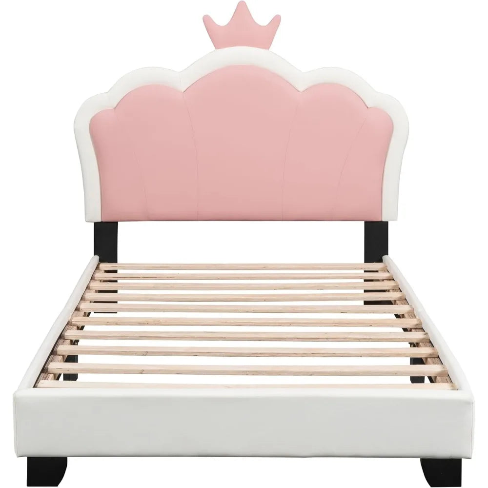 Bellemave Twin Size Princess Bed Frame with Crown Headboard, PU Upholstered Princess Twin Bed for Girls,Kids Twin Platform Bed