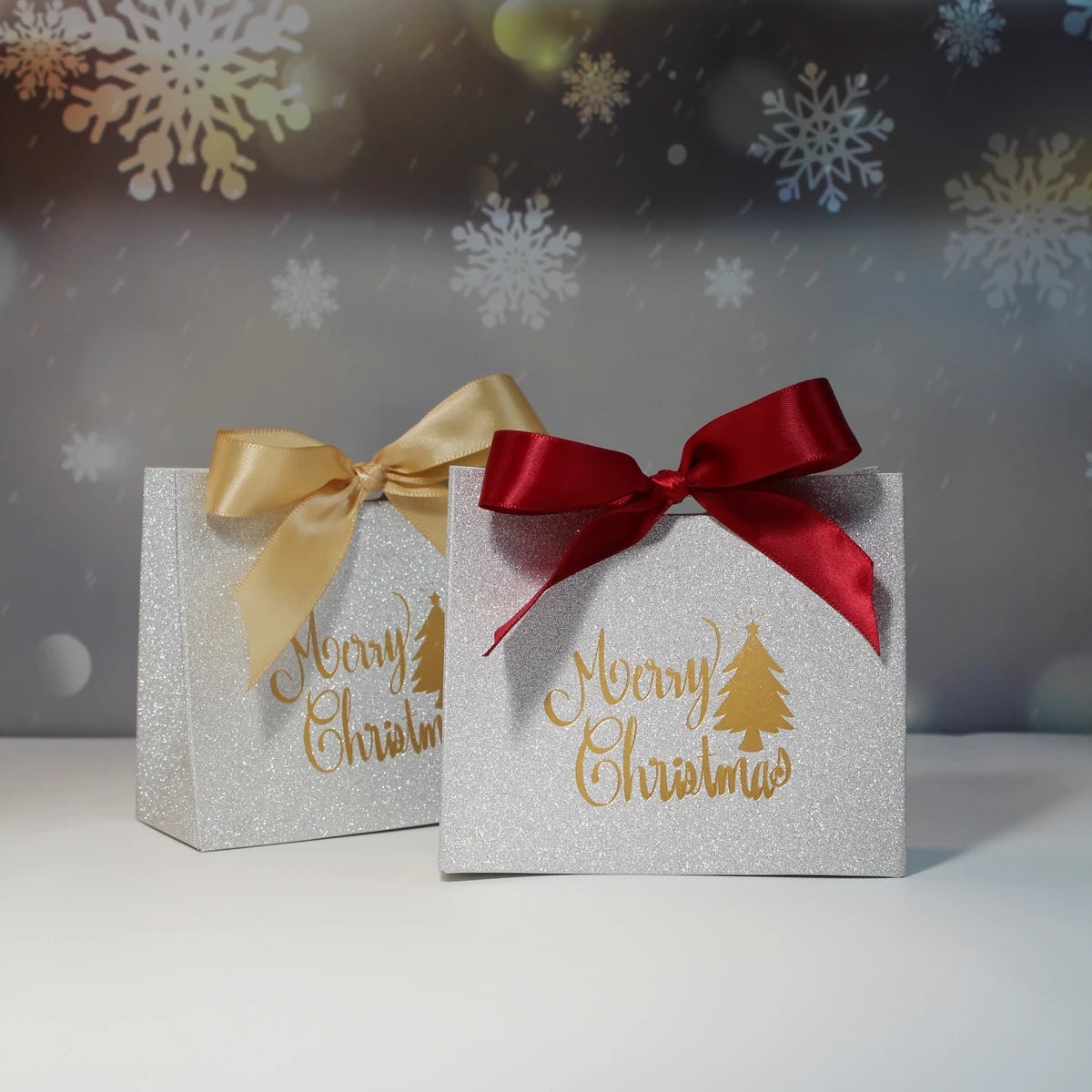 Merry Christmas Gift Box and Bags with Ribbon for Wrapping Cookies and Candy Box Christmas Gift Bags Gold Foil Design and Ribbon