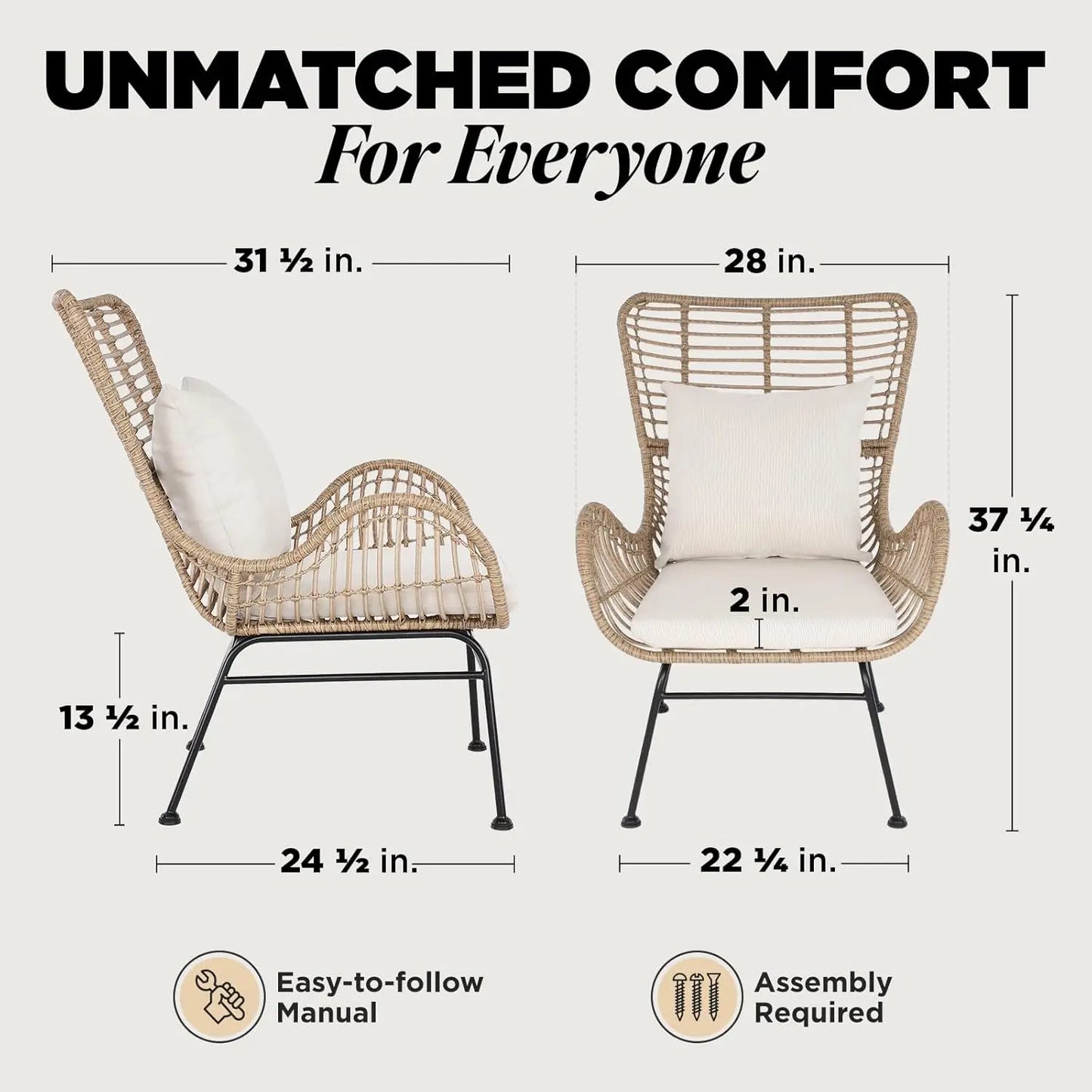 Upgraded 2000 Hours UV Wicker Chairs Outdoor Set of 2 Capacity Outdoor Patio Chair, All-Weather Club Chair with Water-Resistant