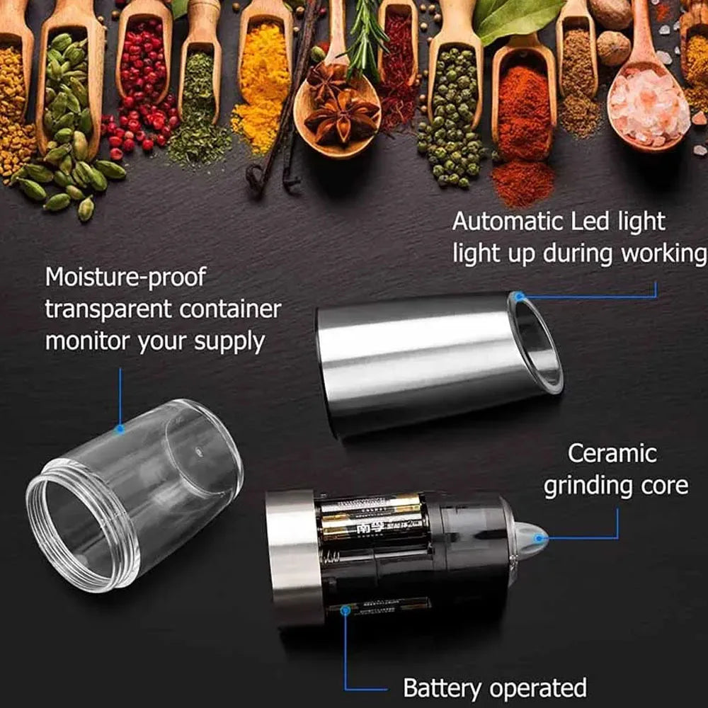 Winholder Stainless Steel Gravity Electric Pepper and Salt Grinder Mill Adjustable Coarseness Battery Powered with LED Light