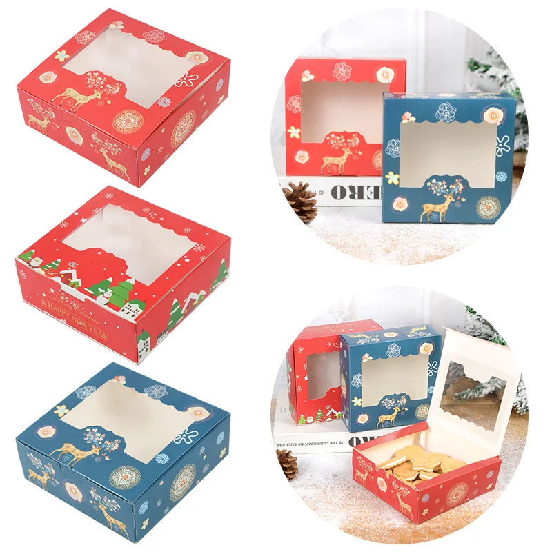 10/5Pcs Christmas Cookie Box with Window Candy Chocolate Biscuit Packaging Boxes Xmas Gift Wrapping New Year Party Treat Box