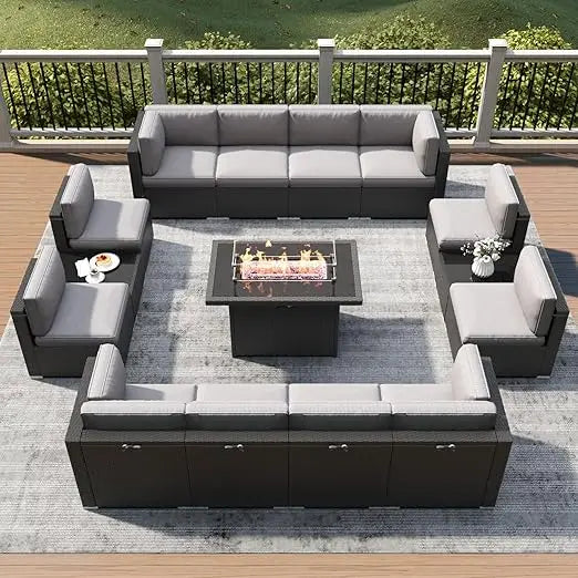 Outdoor Rattan Sofa, Fire Pit Table, Outdoor Conversation Sets Wicker  Sectional Sofa ,Coffee Table,15 Piece Patio Furniture Set