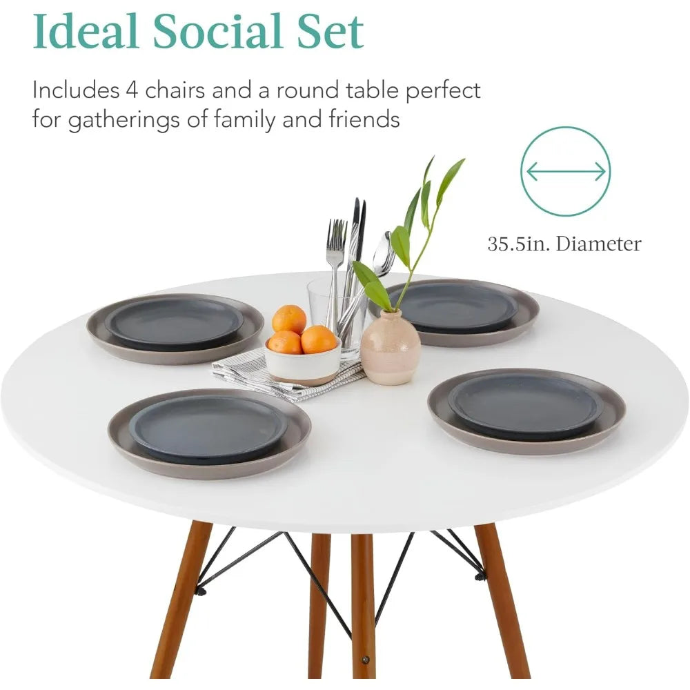 5-Piece Dining Set, Compact Mid-Century Modern Table & Chair Set for Home, Apartment w/ 4 Chairs, Plastic Seats, Wooden Legs,